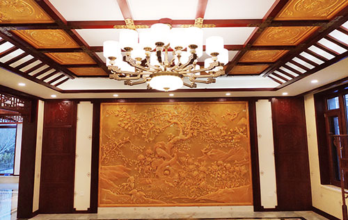华容中式别墅客厅中式木作横梁吊顶装饰展示